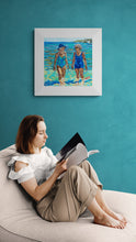Load image into Gallery viewer, Bournemouth Belles by Stella Tooth, an impressionistic oil painting of two women walking in shallow ocean water at a beach room view.