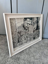 Load image into Gallery viewer, Diego Laverde Rojas mixed media on paper original artwork of a harp player on by artist Stella Tooth side view