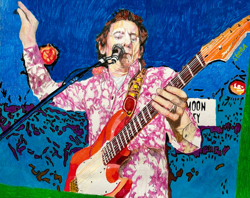 Mixed media portrait of Ronnie Wood at Half Moon Putney by Stella Tooth