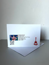 Load image into Gallery viewer, Greetings card back of mixed media portrait of Ronnie Wood of the Rolling Stones playing Half Moon Putney by Stella Toorh