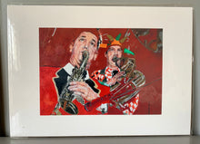 Load image into Gallery viewer, Fine art print reproduction of Stella Tooth&#39;s original mixed media on paper artwork of Richard White and Malcolm Sked of Bob Kerr&#39;s Whoopee Band
