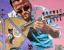 Load image into Gallery viewer, Zana Asia busker musician performing on the streets of Knightsbridge in London acrylic on canvas artwork by Stella Tooth display