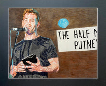 Load image into Gallery viewer, Simon Brodkin comedian performing at the Half Moon Putney original mixed media drawing on paper artwork by Stella Tooth Display