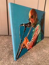 Load image into Gallery viewer, Ed Tenderlonious Cawthorne at the Bulls Head Barnes oil on cradled gesso panel by musician artist Stella Tooth side view