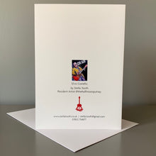 Load image into Gallery viewer, Fine art greetings card of Elvis Costello by Stella Tooth rock and roll art back view