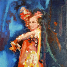 Load image into Gallery viewer, Spanish flamenco dancer dancing in Seville Spain oil on canvas original artwork by portrait painter Stella Tooth detail
