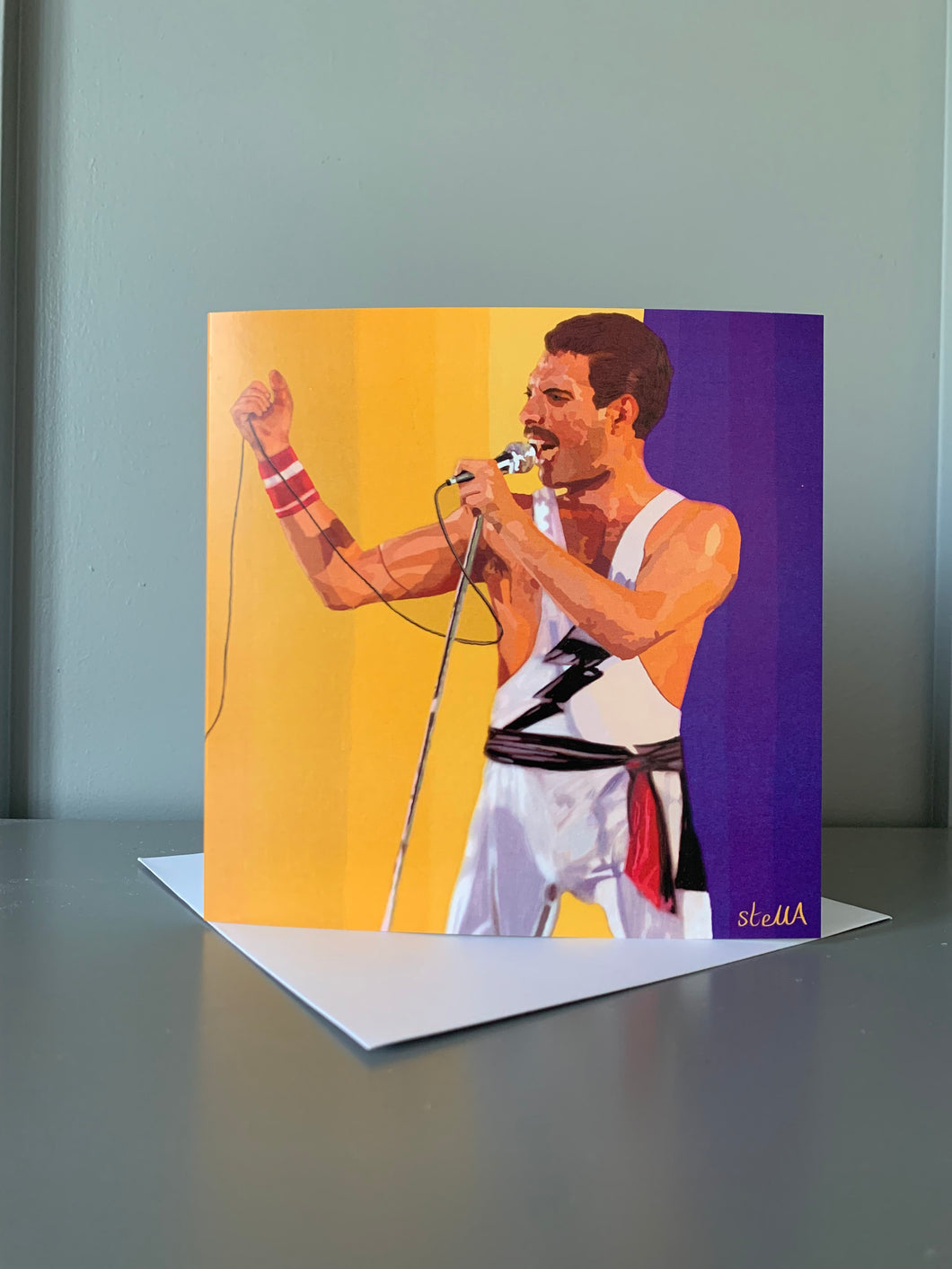 Freddie Mercury greetings card based on digital painting by Stella Tooth