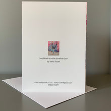 Load image into Gallery viewer, Fine art greetings card of Southbank acrobat Jonathan Last reproduced from drawing by Stella Tooth performer art back view