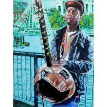 Load image into Gallery viewer, West African kora player musician performing on London's South Bank mixed media drawing on paper artwork by Stella Tooth