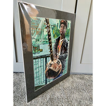 Load image into Gallery viewer, West African kora player musician performing on London's South Bank mixed media drawing on paper artwork by Stella Tooth side