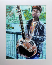 Load image into Gallery viewer, West African kora player musician performing on London's South Bank mixed media drawing on paper artwork by Stella Tooth display