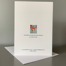 Load image into Gallery viewer, Fine art greetings card of South bank acrobat Manule d'Aquino by performer artist Stella Tooth back view