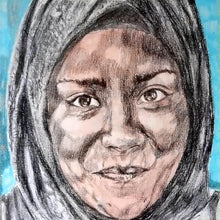 Load image into Gallery viewer, Nadiya Jamir Hussain by Stella Tooth original mixed media portrait drawing on paper of television presenter and chef detail