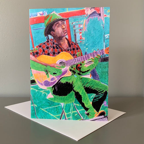 Fine art greetings card of Nathaniel JP Wills flamenco guitarist busker by Stella Tooth music art