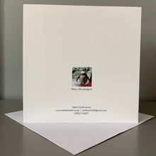 Load image into Gallery viewer, Fine art greetings card of Percy Penguin reproduced from original acrylic on canvas panel artwork by Stella Tooth animal art. Back view