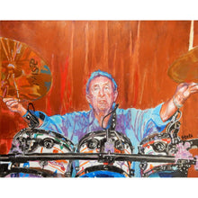 Load image into Gallery viewer, Pink Floyds Nick Mason at the Half Moon Putney mixed media portrait of by London based musician artist Stella Tooth