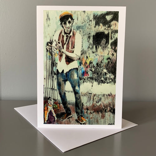 Fine Art Greetings Card of The Puppeteer Brighton by Stella Tooth busker artist