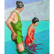 Load image into Gallery viewer, Reflections oil painting on canvas of people swimming in aqua blue by London based portrait artist Stella Tooth