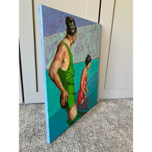 Load image into Gallery viewer, Reflections oil painting on canvas of people swimming in aqua blue by London based portrait artist Stella Tooth Side