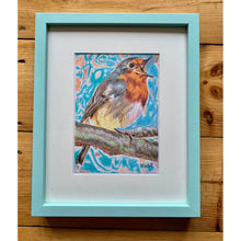 Load image into Gallery viewer, Robin redbreast pencil on paper against wood by Stella Tooth
