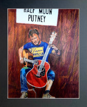 Load image into Gallery viewer, Rodney Branigan at the Half Moon Putney mixed media portrait of guitarist by musician artist Stella Tooth Display