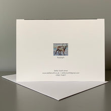 Load image into Gallery viewer, Fina art greetings card of Rudolph reproduced from painting by Stella Tooth animal art back