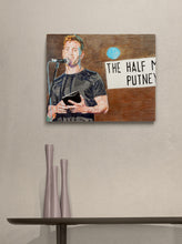 Load image into Gallery viewer, Simon Brodkin comedian performing at the Half Moon Putney original mixed media drawing on paper artwork by Stella Tooth