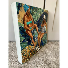 Load image into Gallery viewer, An original oil painting on canvas of friends on a Mediterranean holiday in Italy, painted by London artist Stella Tooth. A work of art in hues of blue and turquoise side
