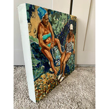 Load image into Gallery viewer, An original oil painting on canvas of friends on a Mediterranean holiday in Italy, painted by London artist Stella Tooth. A work of art in hues of blue and turquoise side
