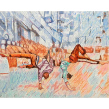 Load image into Gallery viewer, Jonathan Last and Manuele d’Aquino street performer acrobats South Bank London original drawing artwork by Stella Tooth
