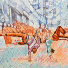 Load image into Gallery viewer, Jonathan Last and Manuele d’Aquino street performer acrobats South Bank London original drawing artwork by Stella Tooth
