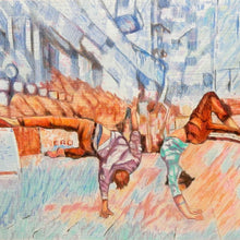 Load image into Gallery viewer, Jonathan Last and Manuele d’Aquino street performer acrobats South Bank London original drawing artwork by Stella Tooth