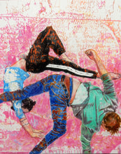 Load image into Gallery viewer, Southbank acrobats: aerial ballet mixed media on cradled gesso panel by Stella Tooth 
