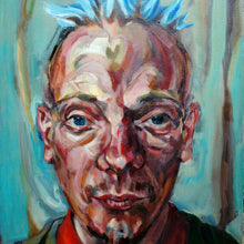 Load image into Gallery viewer, Spikey bed o’ nails performer oil painting on canvas in green and blue by London based portrait artist Stella Tooth