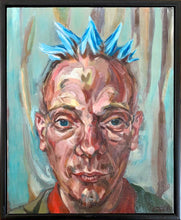 Load image into Gallery viewer, Spikey bed o’ nails performer oil painting on canvas in green and blue by London based portrait artist Stella Tooth Display