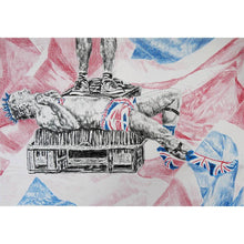 Load image into Gallery viewer, Spikey Union Jack busker performing in Covent Garden in London pencil drawing on paper artwork by Stella Tooth
