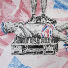 Load image into Gallery viewer, Spikey Union Jack busker performing in Covent Garden in London pencil drawing on paper artwork by Stella Tooth detail