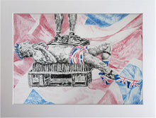 Load image into Gallery viewer, Spikey Union Jack busker performing in Covent Garden in London pencil drawing on paper artwork by Stella Tooth Display