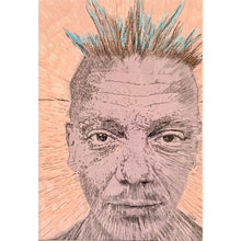 Load image into Gallery viewer, Spikey bed o’ nails Covent Garden London performer mixed media portrait art by London based artist Stella Tooth
