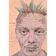 Load image into Gallery viewer, Spikey bed o’ nails Covent Garden London performer mixed media portrait art by London based artist Stella Tooth