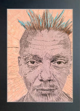 Load image into Gallery viewer, Spikey bed o’ nails Covent Garden London performer mixed media portrait art by London based artist Stella Tooth Display