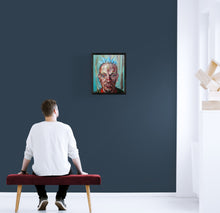 Load image into Gallery viewer, Spikey bed o’ nails performer oil painting on canvas in green and blue by London based portrait artist Stella Tooth
