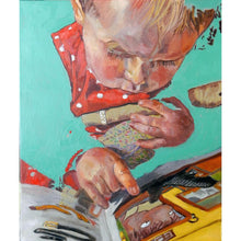 Load image into Gallery viewer, The Art of Reading by Stella Tooth is a charming original oil on canvas painting of a little girl reading a book
