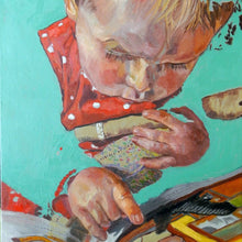 Load image into Gallery viewer, The Art of Reading by Stella Tooth is a charming original oil on canvas painting of a little girl reading a book detail