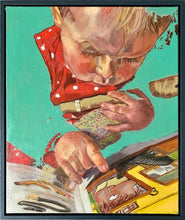 Load image into Gallery viewer, The Art of Reading by Stella Tooth is a charming original oil on canvas painting of a little girl reading a book display
