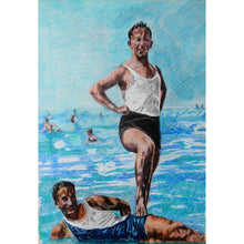 Load image into Gallery viewer, Two male seaside swimmers pencil on paper in aqua blue by London based portrait artist Stella Tooth