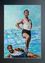 Load image into Gallery viewer, Two male seaside swimmers pencil on paper in aqua blue by London based portrait artist Stella Tooth display