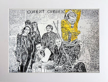 Load image into Gallery viewer, The Escapologist in straightjacket busking in Covent Garden London pencil drawing on paper original artwork by Stella Tooth display