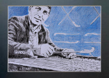 Load image into Gallery viewer, A Greek sandouri playing musician performing on the streets of London mixed media drawing on paper artwork by Stella Tooth display