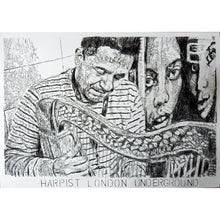 Load image into Gallery viewer, Diego Laverde Rojas mixed media on paper original artwork of a harp player on the London Underground by artist Stella Tooth